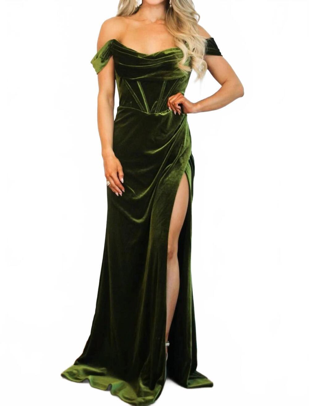 NEW CINDERELLA DIVINE evelynn bustier velvet off shoulder formal dress in olive